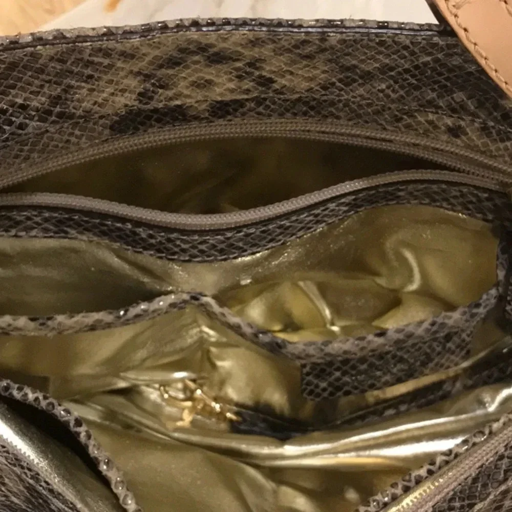 Michael Kors Jet Set Python Embossed Leather Gold Metallic Lined Shoulder Bag